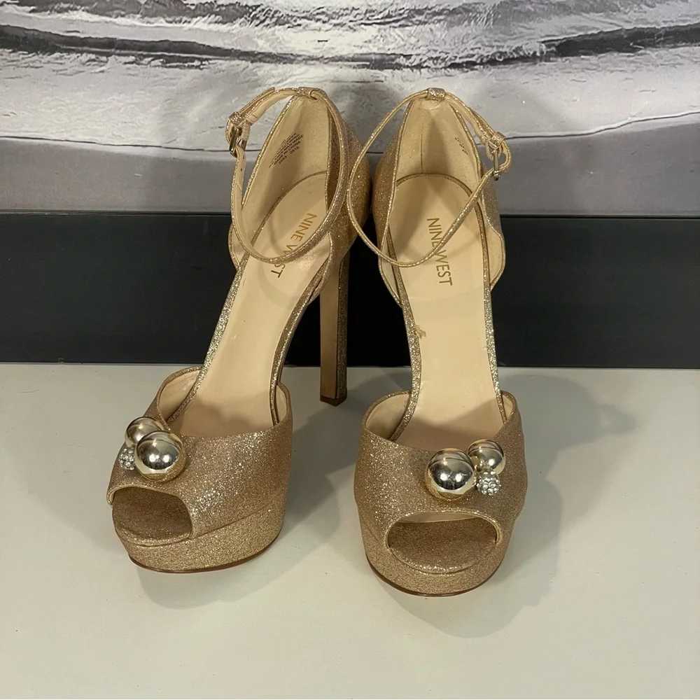 Nine West Gold Glitter Open Toe Platform Stiletto Ankle Strap Heel Shoe Sz 9